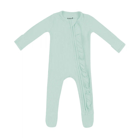 Ribbed Ruffle Zipper Footie in Sage