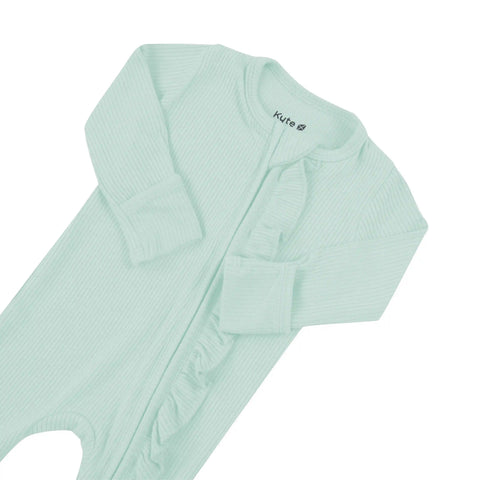 Ribbed Ruffle Zipper Footie in Sage