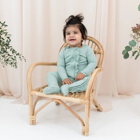 Ribbed Ruffle Zipper Footie in Sage