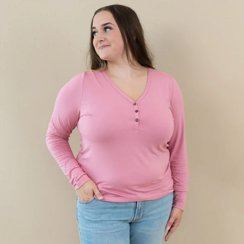 Women's Long Sleeve Henley Tee in Apple Blossom