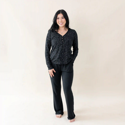 Women's Long Sleeve Henley Tee in Midnight Leopard