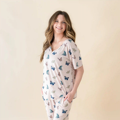 Women's Oversized V-Neck Tee in Blush Butterfly