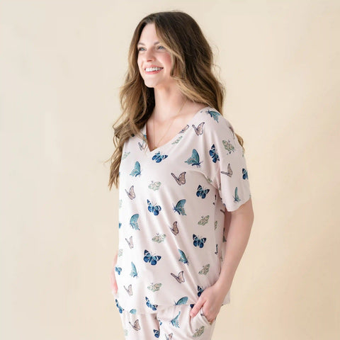 Women's Oversized V-Neck Tee in Blush Butterfly